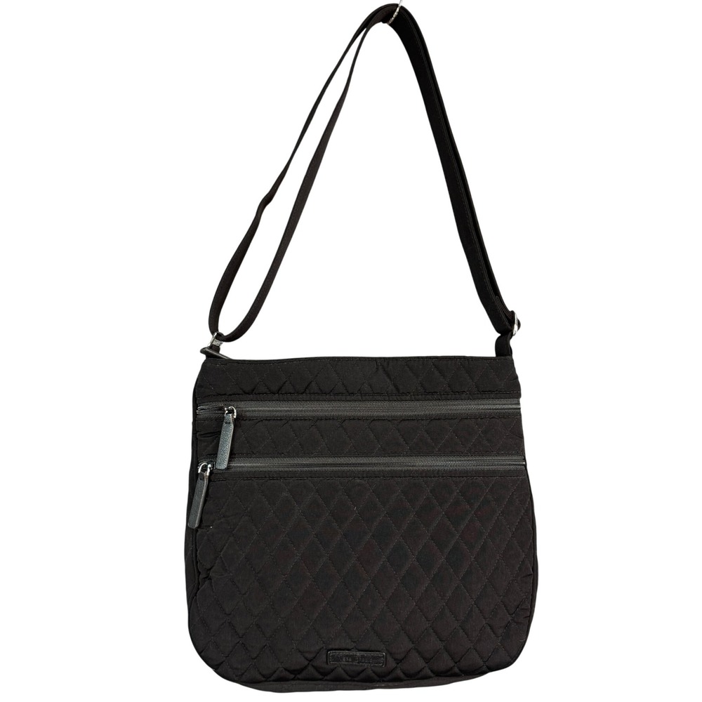 Vera Bradley Black Quilted Microfiber Triple Zip Crossbody Bag Polka Dot Lining